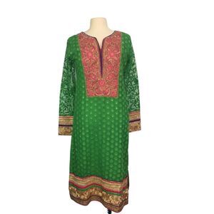 India Womens Bright Green‎ Pink Gold Sari Tunic Dress, Caftan, Kaftan  40 bust